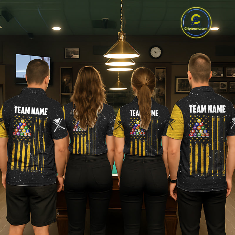 Yellow Black Grunge US Flag 8 Ball & 9 Ball Pool Women's Billiard Shirt Custom Billiard Team Jersey TDM5777