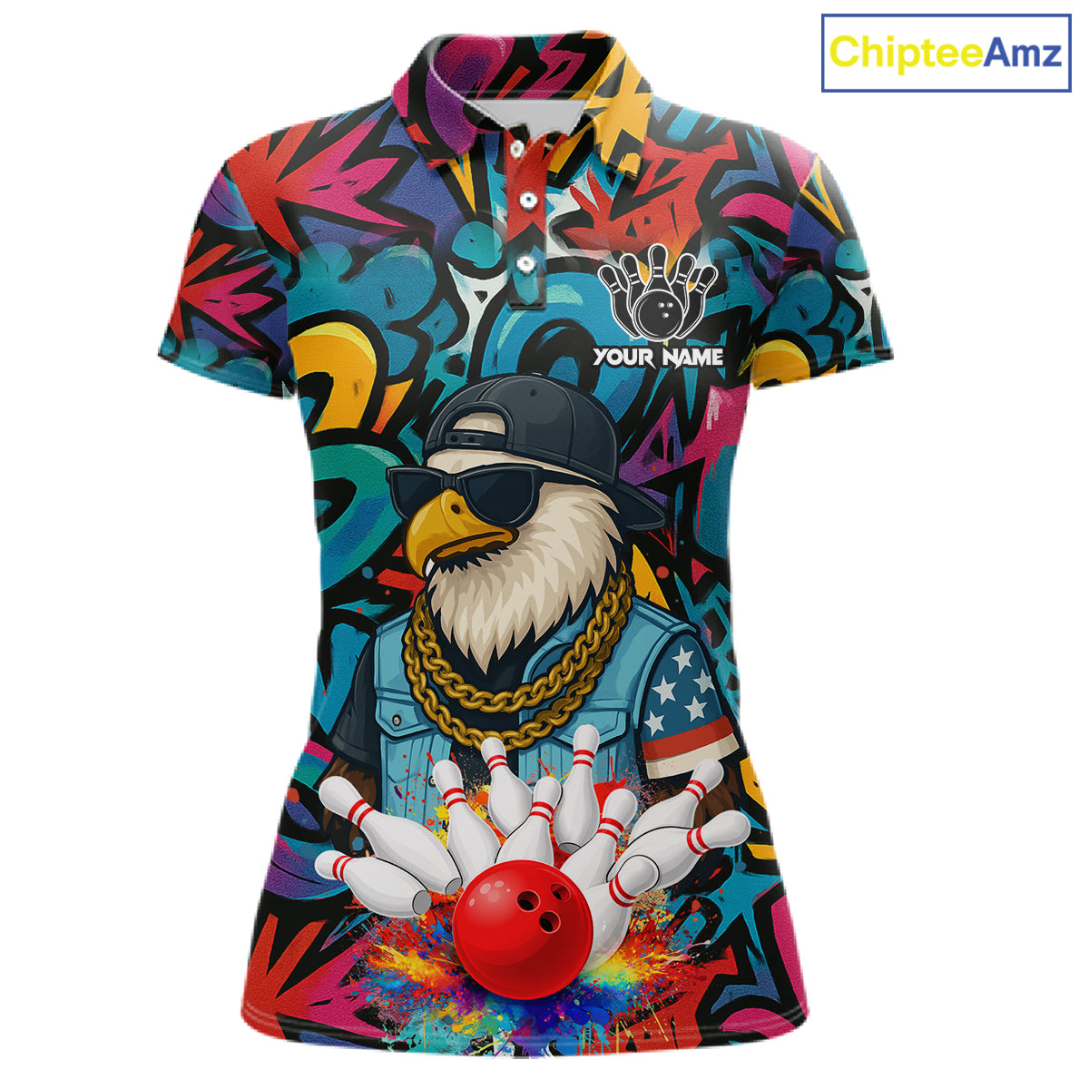 Funny Eagle Colorful Graffiti Bowling Shirt For Women Custom Bowling Team Jersey Polo & 1/4 Zpip TDM5784