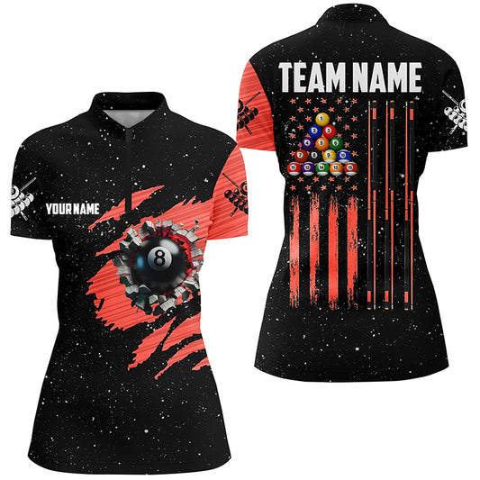 Customized Grunge American Flag 8 Ball Pool Women Quarter-Zip Shirts Pool Player Shirts |Red TDM1114