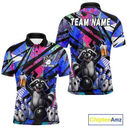Funny Raccoon Colorful Graffiti Bowling Jersey For Men Custom Bowling Polo & 1/4 Zip Team Shirts TDM6572