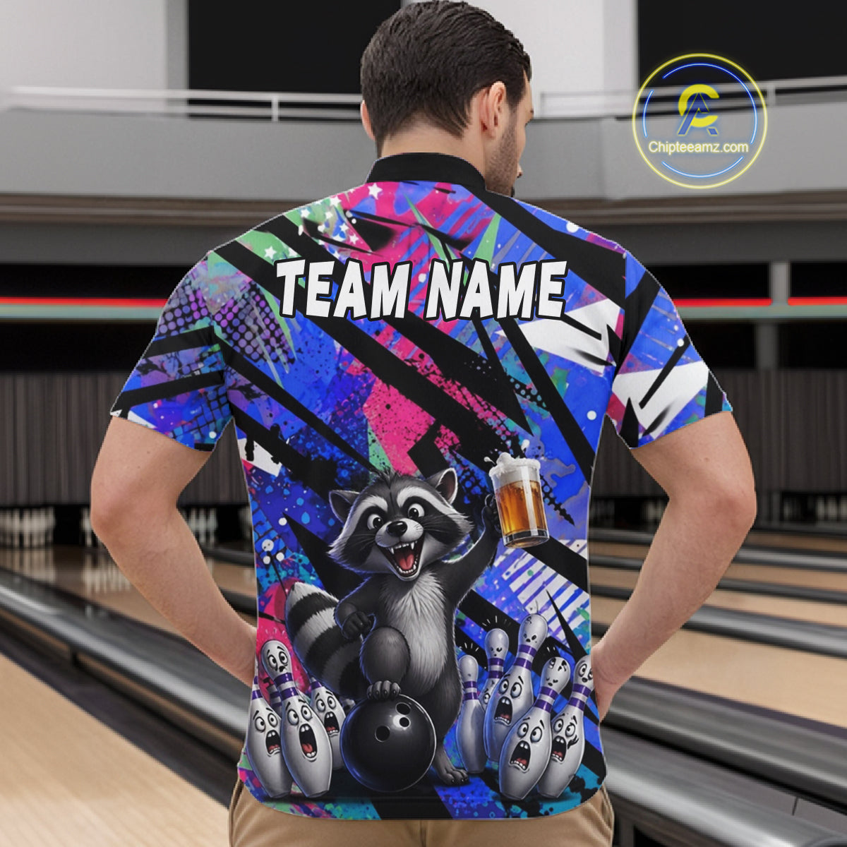 Funny Raccoon Colorful Graffiti Bowling Jersey For Men Custom Bowling Polo & 1/4 Zip Team Shirts TDM6572