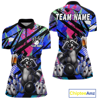 Funny Raccoon Colorful Graffiti Bowling Jersey For Women Custom Bowling Polo & 1/4 Zip Team Shirts TDM6572