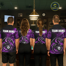 Load image into Gallery viewer, Back view of pool players wearing matching purple thunder lightning dragon billiard shirts in a game room.