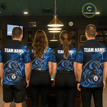 Load image into Gallery viewer, Back view of pool players wearing matching blue thunder lightning dragon billiard shirts in a game room.