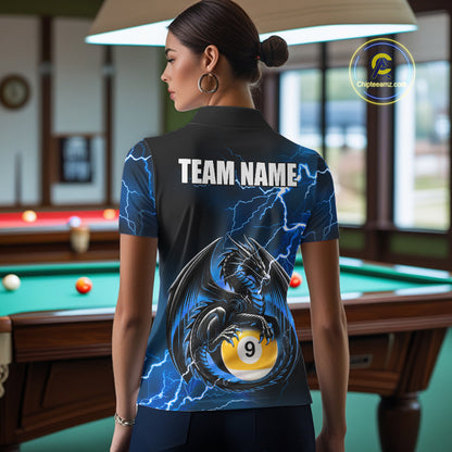 Back view of woman wearing a blue thunder lightning dragon 9 ball pool shirt in a billiards hall.