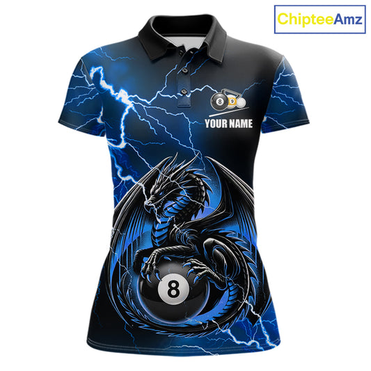 Blue thunder lightning dragon 8 ball and 9 ball billiard polo shirt for women with custom pool team graphics.