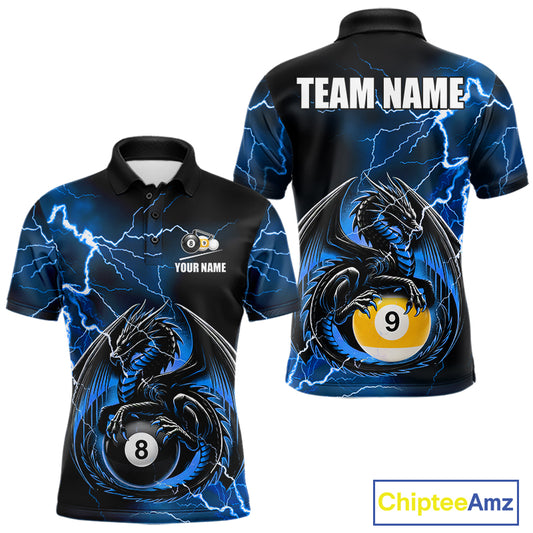 Blue thunder lightning dragon 8 ball and 9 ball billiard polo shirt for men with custom pool team graphics.
