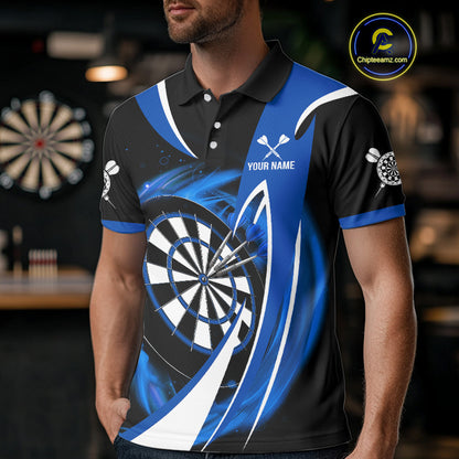 Personalized Blue And Black Darts Shirt For Men Custom Darts League Team Polo & 1/4 Zip Jerseys TDM4405