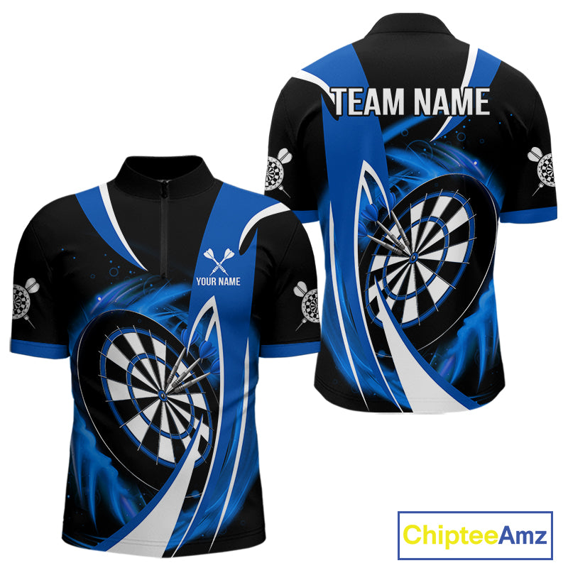 Personalized Blue And Black Darts Shirt For Men Custom Darts League Team Polo & 1/4 Zip Jerseys TDM4405