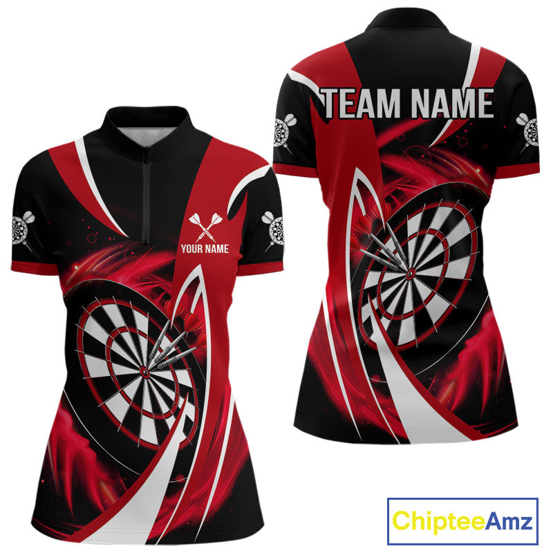 Personalized Red And Black Darts Shirt For Women Custom Darts League Team Polo & 1/4 Zip Jerseys TDM4406