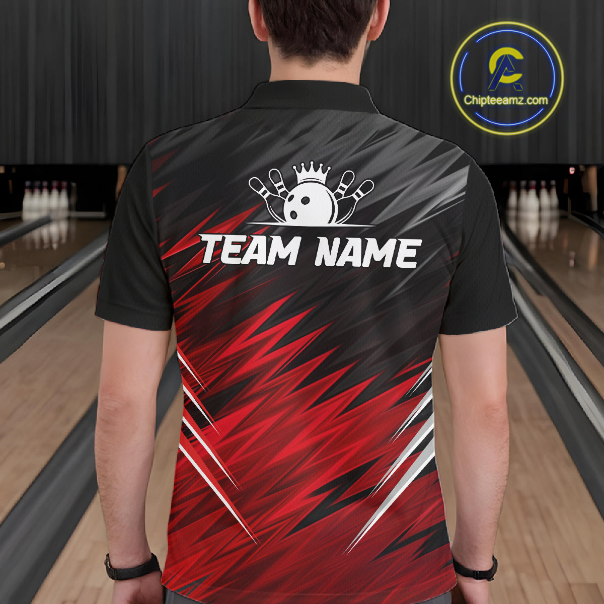 Man wearing personalized black and red bowling team jersey polo shirt featuring black and red bowling artwork, back view.