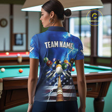 Load image into Gallery viewer, Blue Thunder Lightning American Flag Billiard Shirt For Women Custom Patriotic Pool Balls Jersey TDM4639