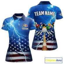 Load image into Gallery viewer, Blue Thunder Lightning American Flag Billiard Shirt For Women Custom Patriotic Pool Balls Jersey TDM4639