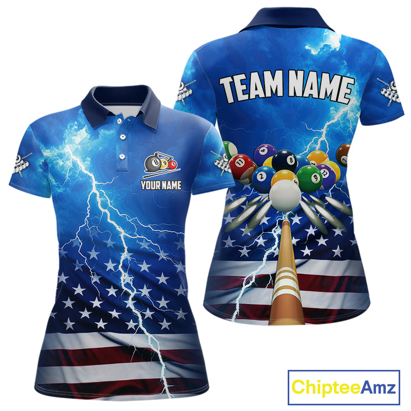 Blue Thunder Lightning American Flag Billiard Shirt For Women Custom Patriotic Pool Balls Jersey TDM4639