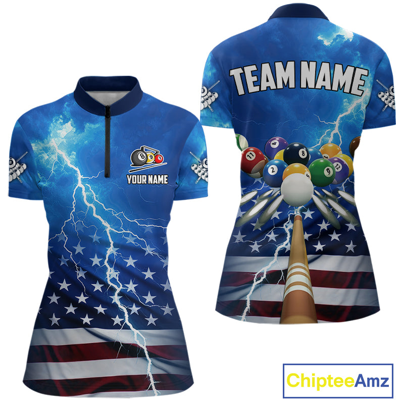Blue Thunder Lightning American Flag Billiard Shirt For Women Custom Patriotic Pool Balls Jersey TDM4639