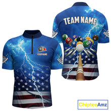 Load image into Gallery viewer, Blue Thunder Lightning American Flag Billiard Shirt For Men Custom Patriotic Pool Balls Jersey TDM4639