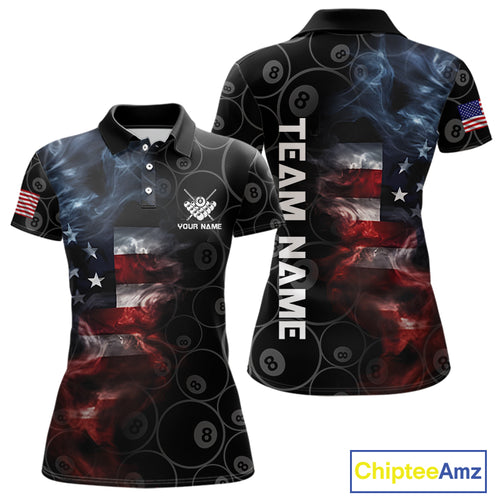 Smoke American Flag Billiard Polo & Quarter Zip For Women Custom Patriotic 8 Ball Pool Team Jersey TDM4832