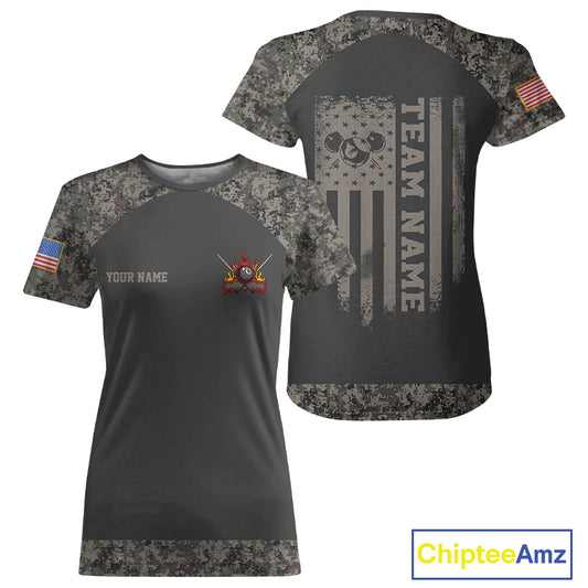 Personalized Retro Camo US Flag Billiard T-Shirt For Women Custom Patriotic 8 Ball Pool Team Jersey TDM5793