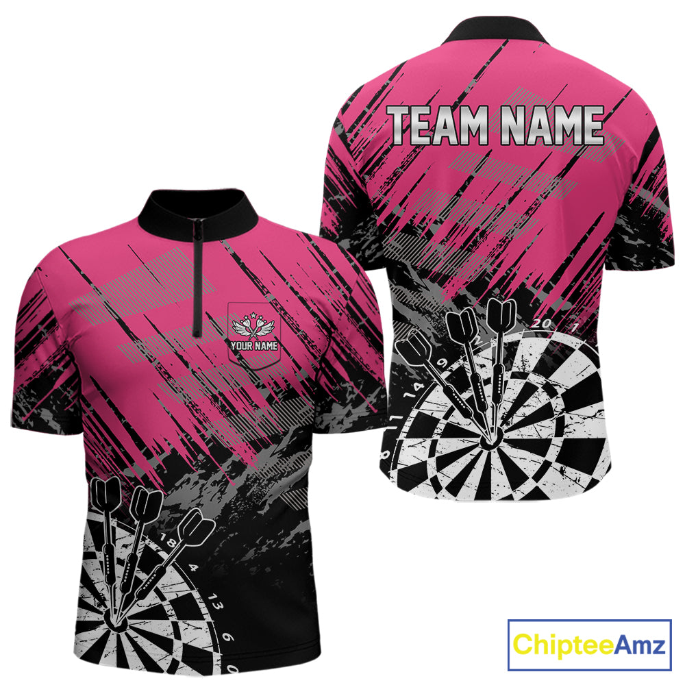 Pink Black Grunge Dart Shirts For Men Custom Dart Jersey With Pocket Option TDM6381