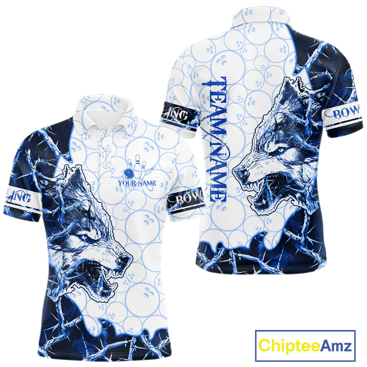 Personalized Blue Thorny Camo Wolf Bowling Shirt For Men Custom Bowling Team Jersey Polo & 1/4 Zip TDM6391