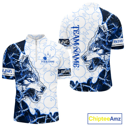 Personalized Blue Thorny Camo Wolf Bowling Shirt For Men Custom Bowling Team Jersey Polo & 1/4 Zip TDM6391