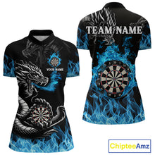 Load image into Gallery viewer, Personalized Blue Flaming Dragon Dart Shirts For Women Custom Darts Team Jerseys Polo &amp; Quarter Zip TDM4060