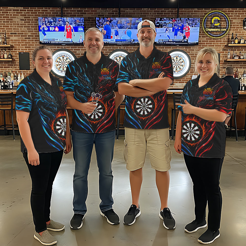 Blue And Red Custom Dragon Fire Darts Shirts For Women, Darts League Team Jersey Polo & Quarter Zip TDM6576