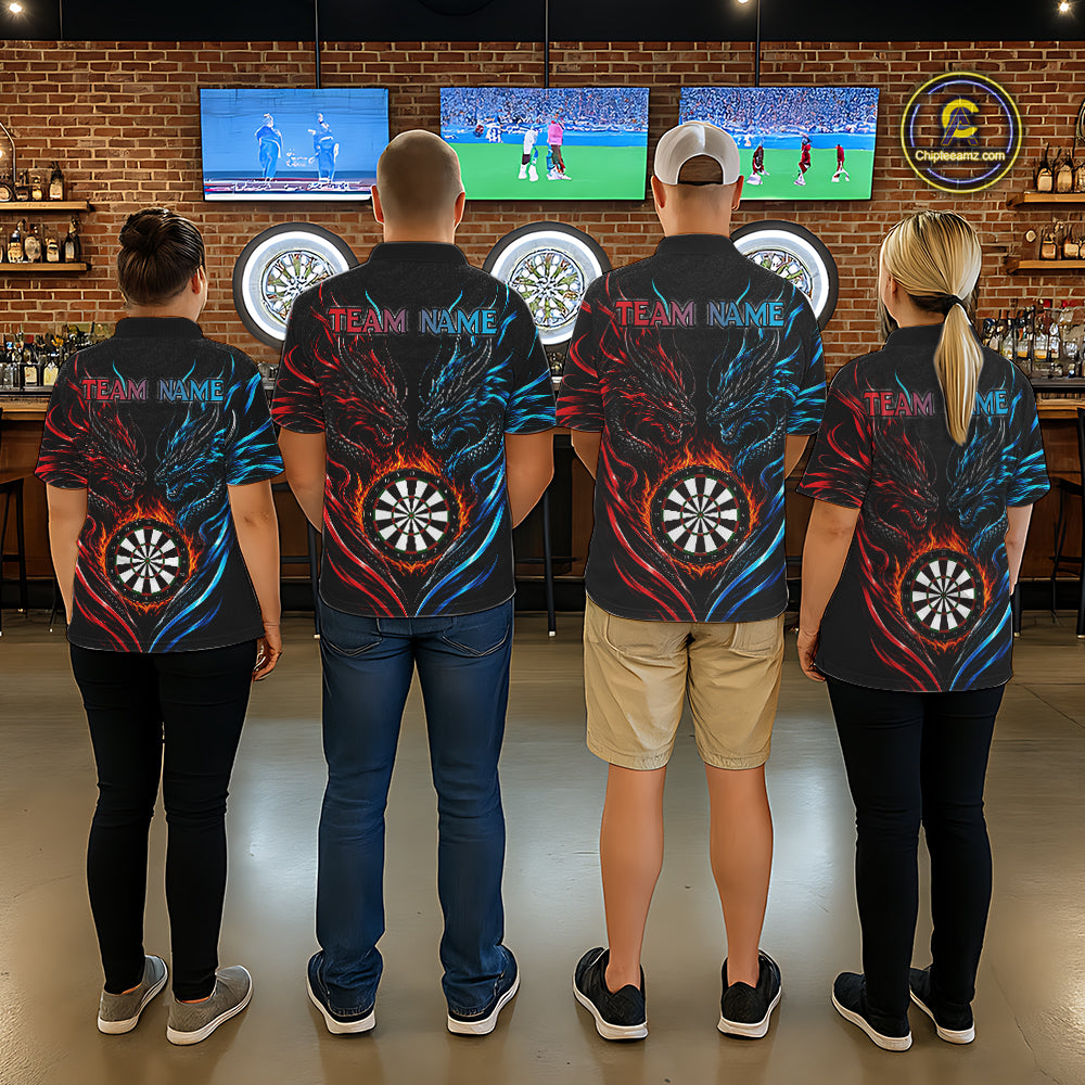 Blue And Red Custom Dragon Fire Darts Shirts For Women, Darts League Team Jersey Polo & Quarter Zip TDM6576