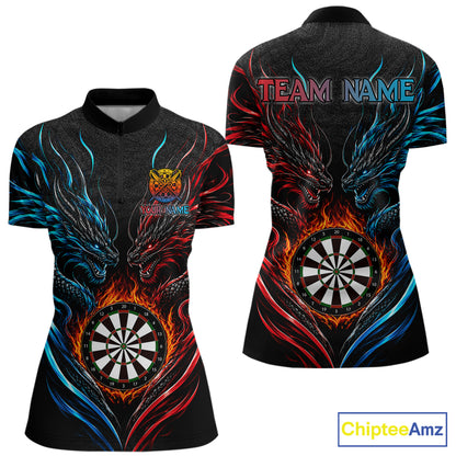 Blue And Red Custom Dragon Fire Darts Shirts For Women, Darts League Team Jersey Polo & Quarter Zip TDM6576