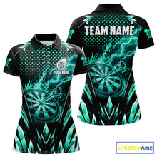 Load image into Gallery viewer, Customized Turquoise Flame Lightning Icy Darts Shirt For Women, Darts Team Jersey Polo &amp; Quarter Zip TDM6579