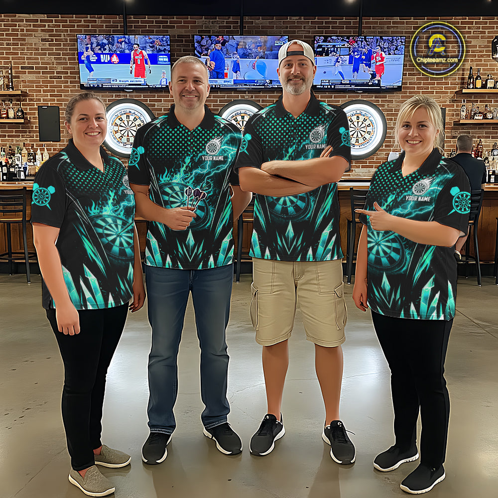 Customized Turquoise Flame Lightning Icy Darts Shirt For Women, Darts Team Jersey Polo & Quarter Zip TDM6579