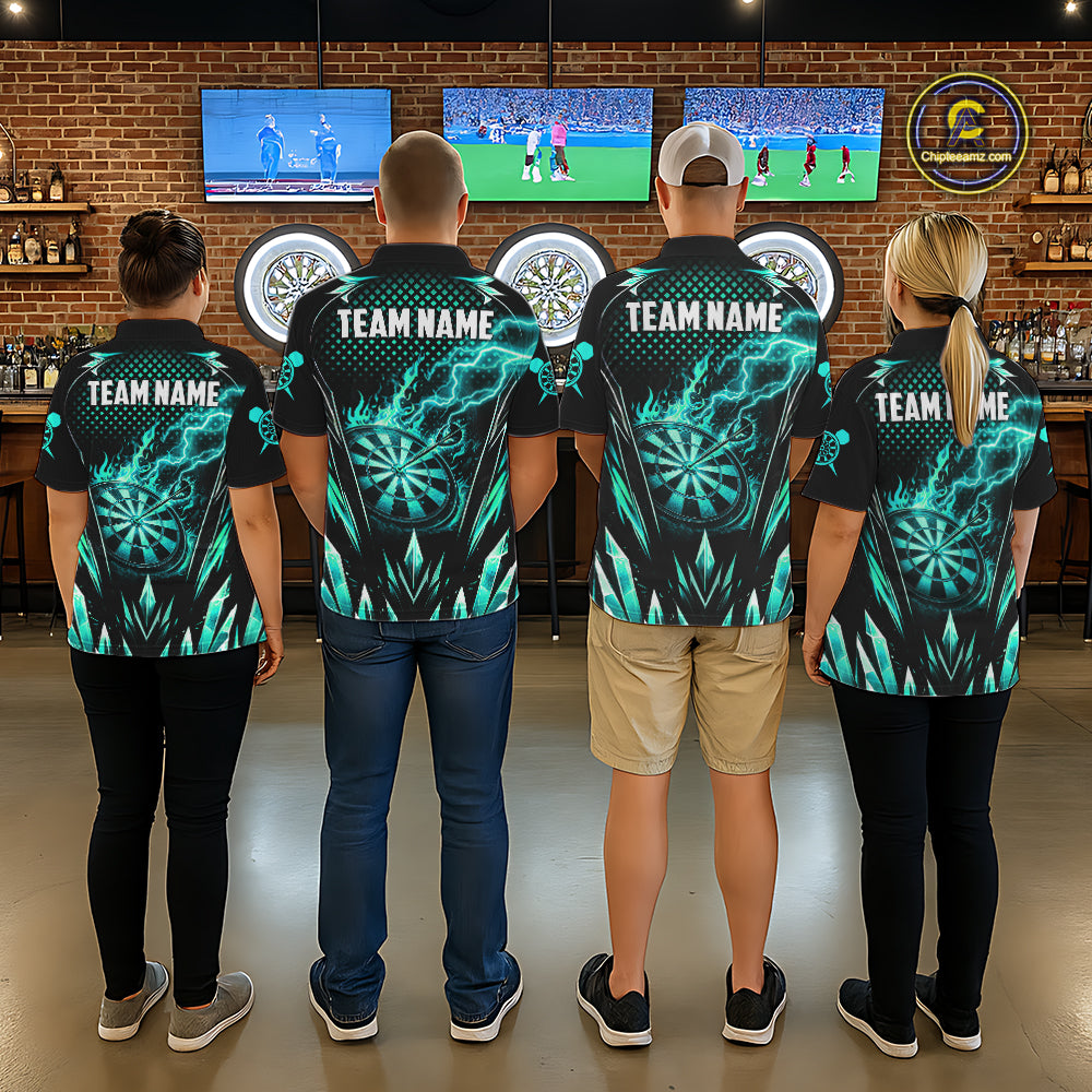 Customized Turquoise Flame Lightning Icy Darts Shirt For Women, Darts Team Jersey Polo & Quarter Zip TDM6579