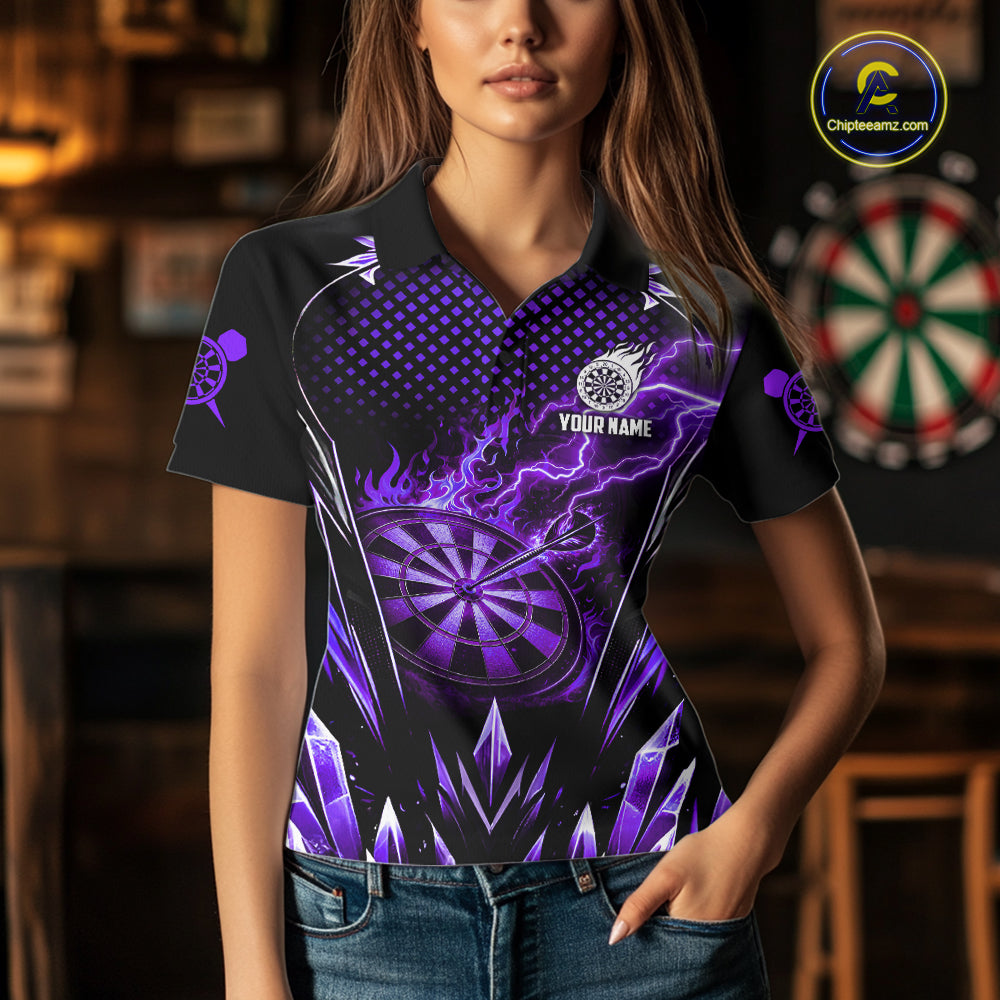 Personalized Purple Flame Lightning Icy Darts Shirt For Women, Darts Team Jersey Polo & Quarter Zip TDM6580