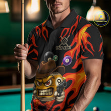 Load image into Gallery viewer, Man wearing a Red funny flame 9 ball billiard jersey beside a pool table front view.