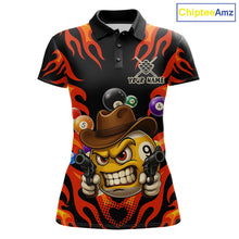 Load image into Gallery viewer, Red funny flame 9 ball billiard polo shirt for women with custom pool team graphics.