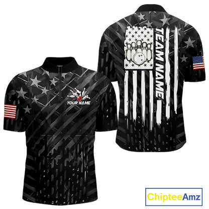 Black American flag bowling team jersey quarter zip shirt for men featuring bold patriotic American flag graphics, premium custom bowling apparel.