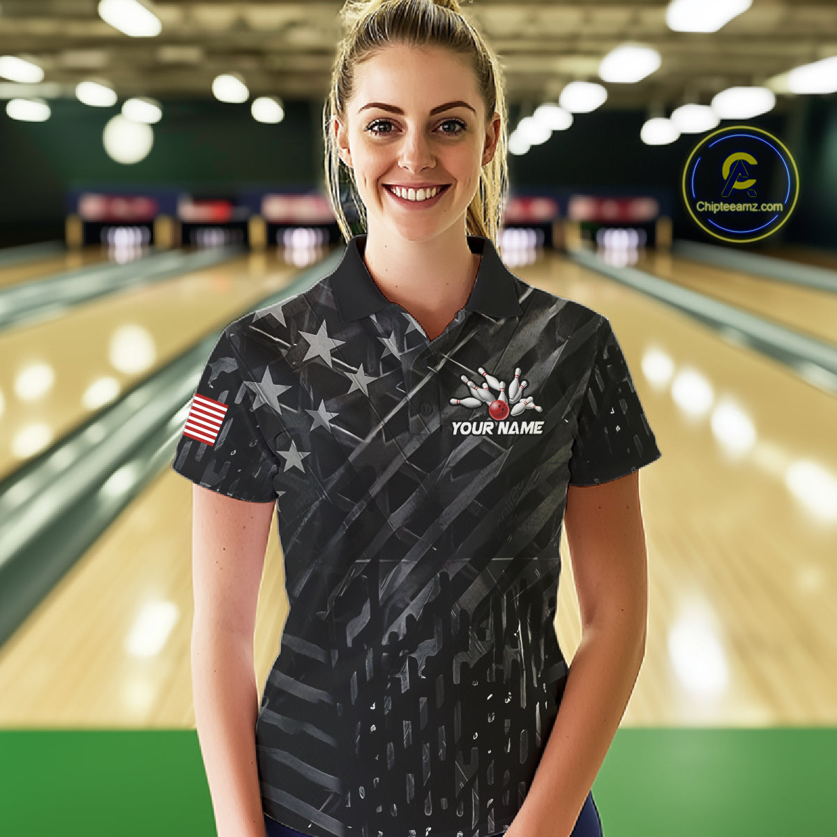 Woman wearing black American flag patriotic bowling team jersey polo shirt featuring American flag artwork, front view.