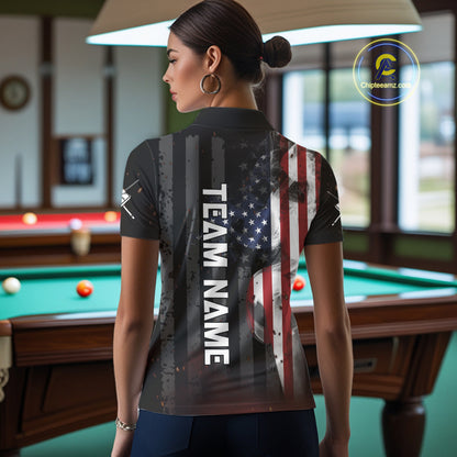 Personalized Vintage Smoke US Flag Billiard Shirts For Women, 9 Ball Pool Patriotic Billiard Jersey TDM4845