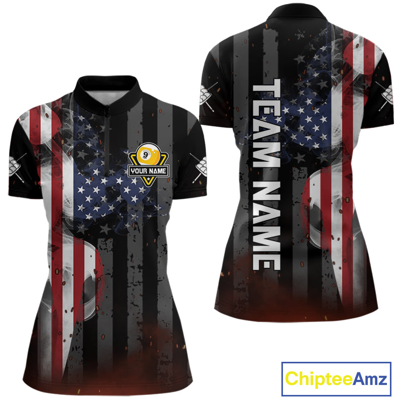 Personalized Vintage Smoke US Flag Billiard Shirts For Women, 9 Ball Pool Patriotic Billiard Jersey TDM4845