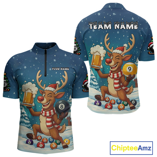 Funny Christmas Reindeer Beer Billiard Shirt For Men Custom 8 & 9 Ball Xmas Pool Team Jersey TDM5061