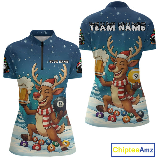 Funny Christmas Reindeer Beer Billiard Shirt For Women Custom 8 & 9 Ball Xmas Pool Team Jersey TDM5061
