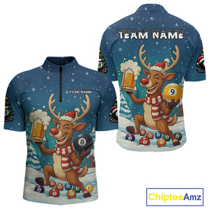 Funny Christmas Reindeer Beer Billiard Shirt For Men Custom 8 & 9 Ball Xmas Pool Team Jersey TDM5061