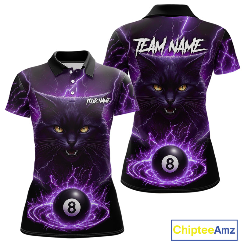 Purple 8 Ball Thunder Lightning Cat Billiard Shirt For Women Custom Pool Team Jersey Polo & 1/4 Zip TDM5066