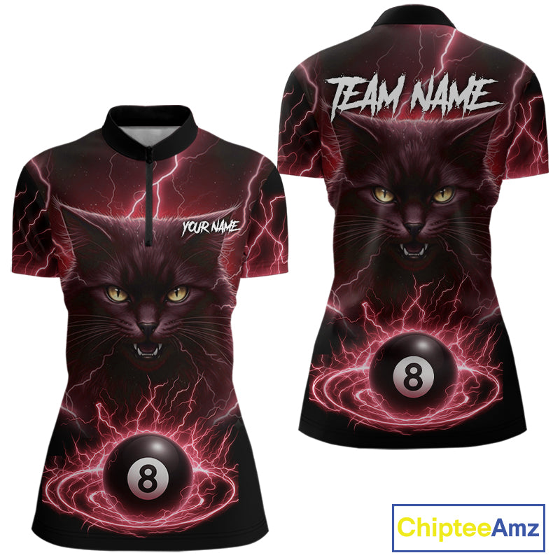 Red 8 Ball Thunder Lightning Cat Billiard Shirt For Women Custom Pool Team Jersey Polo & 1/4 Zip TDM5067