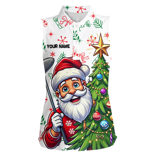 Funny Santa White Xmas Pattern Women Sleeveless Golf Polo Shirts Custom Golfing Gifts For Christmas TDM3058