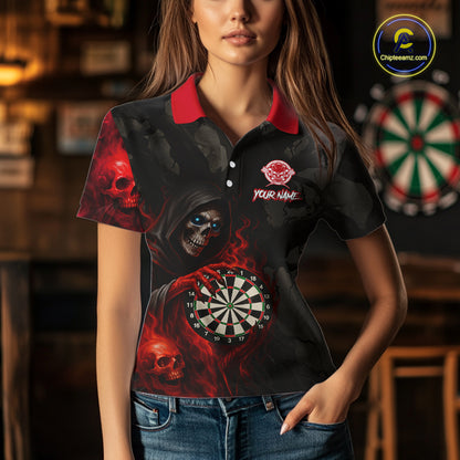 Red Grim Reaper Flame Darts Shirt For Women Custom Skull Darts Jersey Team Polo & Quarter Zip TDM5529