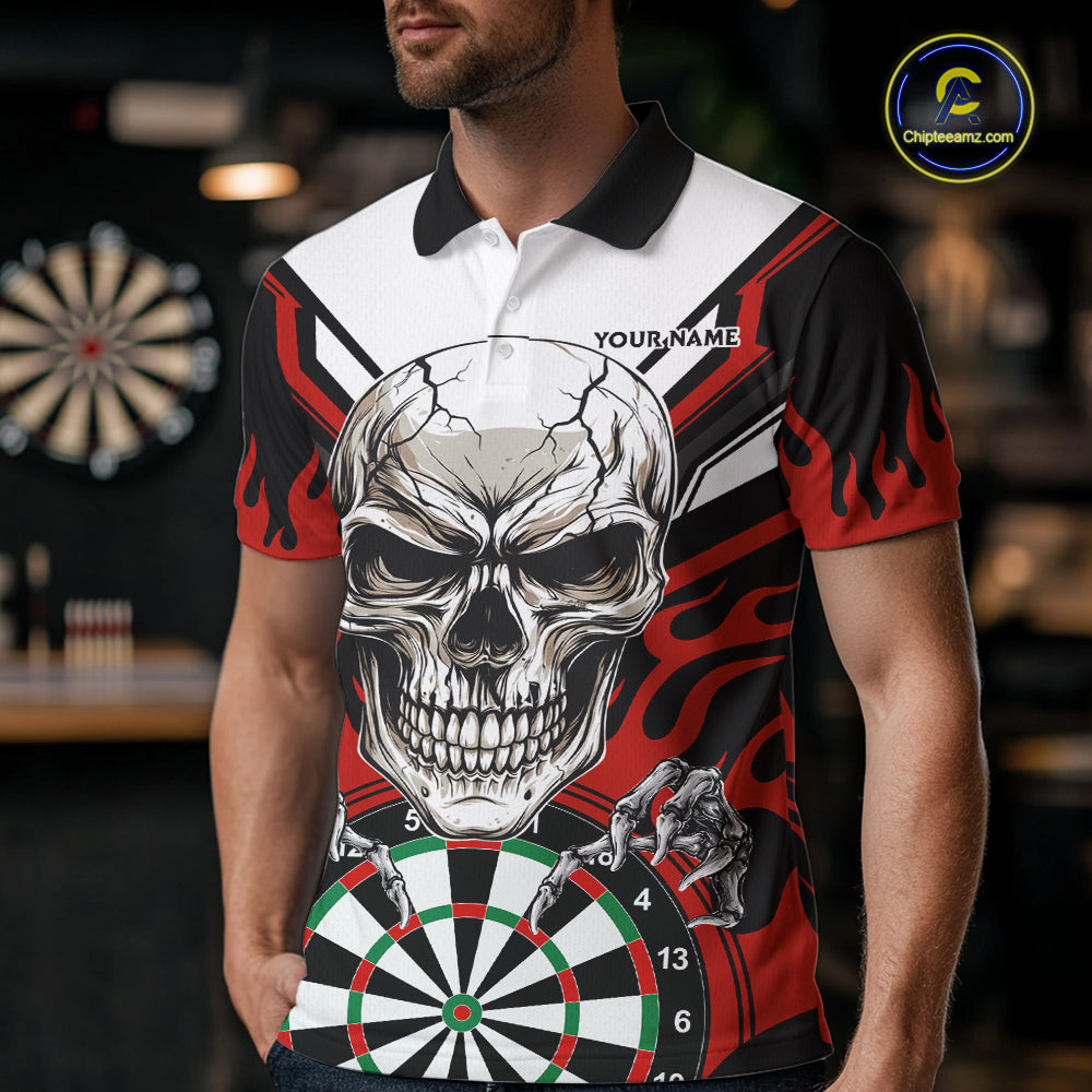 Personalized Skull Darts Polo & Quarter Zip Custom Darts Shirt For Men, Darts Team Jersey |Red TDM5535