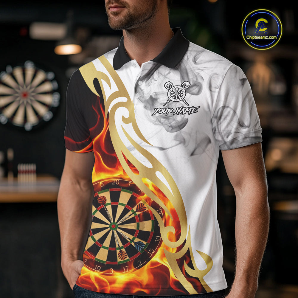 Personalized Flame Smoke Tribal Darts Shirt For Men Custom Golden Darts Jersey Team Polo & 1/4 Zip TDM5537