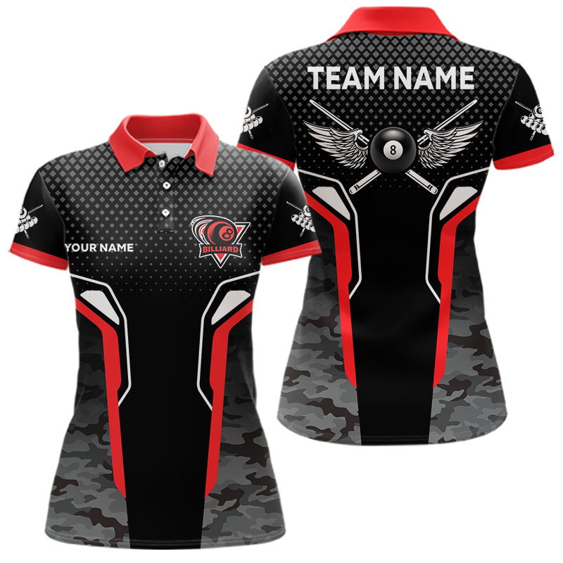 Black And Red 8 Ball Pool Wings Custom Camo Billiard Shirts For Women, 8 Ball Billiard Team Jerseys TDM3483