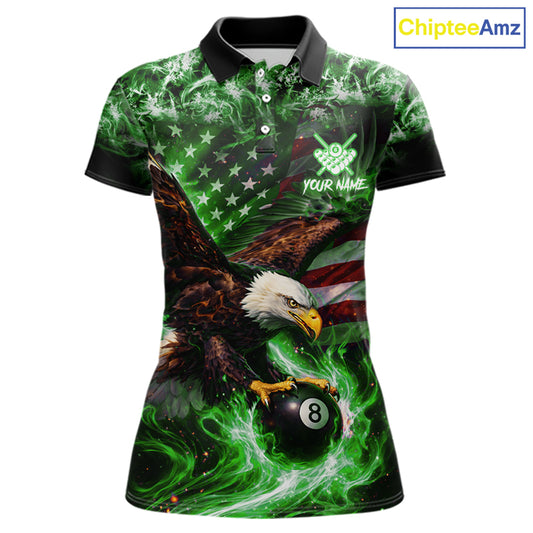 Green Flaming Eagle 8 Ball Billiard Shirt For Women Custom US Flag Pool Team Jersey Polo & 1/ 4 Zip TDM6153